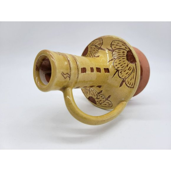 Pennsylvania Yellow Ware Glazed Chimney Candlestick W/Handle Incised Design - Picture 4 of 14